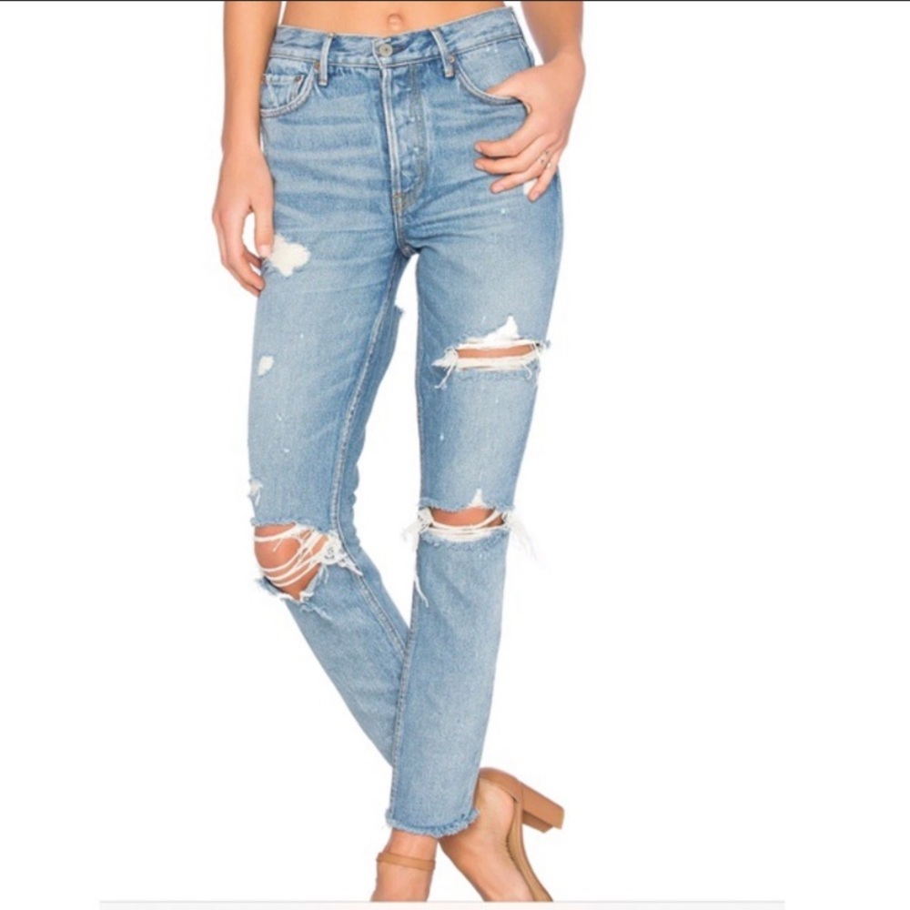 GRLFRND Light Blue High Rise Distressed Jeans